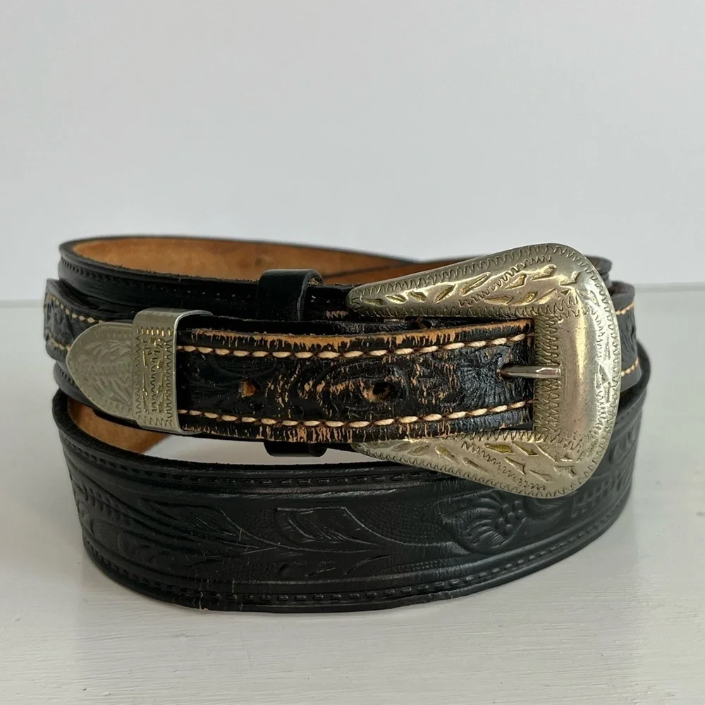 Tex Tan Vintage Tooled Leather Belt Silver Buckle and Tip Size 34 Western Rodeo